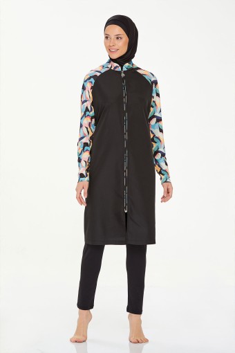 MARESIVA - Maresiva Kadın Elena Tam Kapalı Tesettür Mayo Ön Fermuarlı Üst Paraşüt Alt Likralı - Siyah