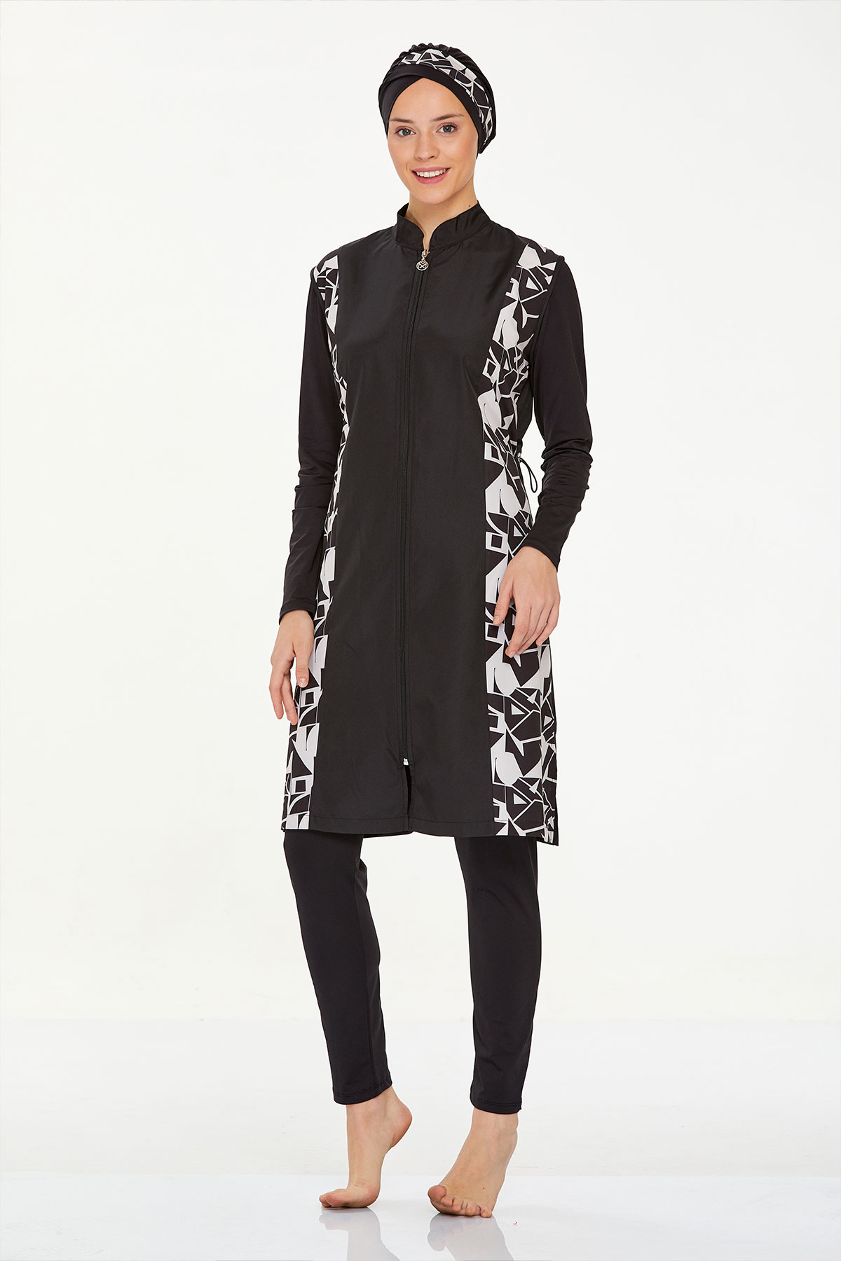 Maresiva Kadın Georgia Tam Kapalı Tesettür Mayo Büyük Beden Üst Paraşüt Alt Likralı - Siyah - Thumbnail