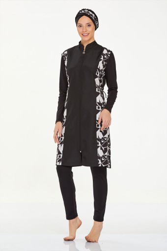 MARESIVA - Maresiva Kadın Georgia Tam Kapalı Tesettür Mayo Önde Fermuarlı Alt Paraşüt Üst Likralı - Siyah