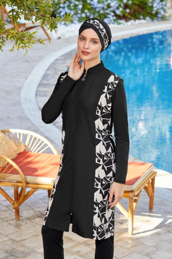 MARESIVA - Maresiva Kadın Georgia Tam Kapalı Tesettür Mayo Önde Fermuarlı Alt Paraşüt Üst Likralı - Siyah (1)