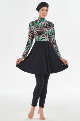 MARESIVA - Maresiva Kadın Helena Tam Kapalı Tesettür Mayo Yaprak Desenli - Siyah