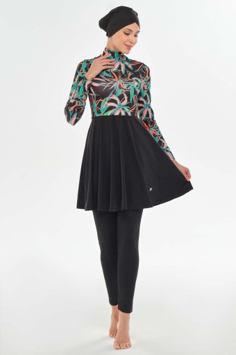MARESIVA - Maresiva Kadın Helena Tam Kapalı Tesettür Mayo Yaprak Desenli - Siyah (1)