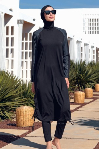 MARESIVA - Maresiva Kadın Hera Likralı Tam Kapalı Tesettür Mayo Kolları Biyeli Battal - Siyah