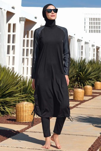 MARESIVA - Maresiva Kadın Hera Likralı Tam Kapalı Tesettür Mayo Kolları Biyeli - Siyah (1)