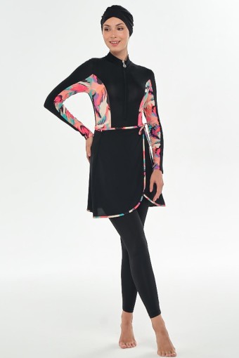 MARESIVA - Maresiva Kadın Jael Etekli Tam Kapalı Tesettür Mayo Fermuar Detaylı - Siyah (1)