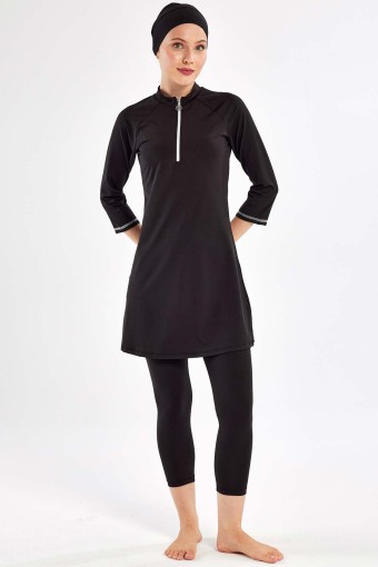 MARESIVA - Maresiva Kadın Julya Yarı Kapalı Tesettür Mayo Fermuar Detaylı - Siyah