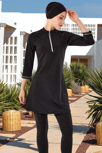MARESIVA - Maresiva Kadın Julya Yarı Kapalı Tesettür Mayo Fermuar Detaylı - Siyah (1)