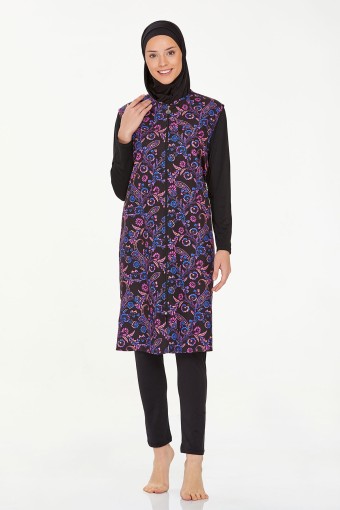 MARESIVA - Maresiva Kadın June Tam Kapalı Tesettür Mayo Ön Fermuarlı Üst Paraşüt Alt Likralı - Siyah