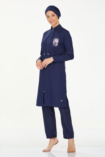 MARESIVA - Maresiva Kadın Levy Tam Kapalı Tesettür Mayo Belde Lastikli Stopperli Paraşüt Kumaş Büyük Beden - Koyu Lacivert