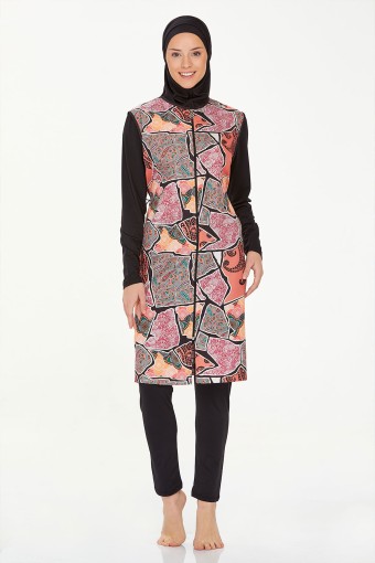 MARESIVA - Maresiva Kadın Liora Tam Kapalı Tesettür Mayo Belde Önde Fermuarlı Üst Paraşüt Alt Likralı - Siyah