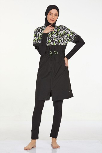 MARESIVA - Maresiva Kadın Lottie Tam Kapalı Tesettür Mayo Ön Yarım Fermuarlı Belde Lastikli Üst Paraşüt Alt Likralı - Siyah