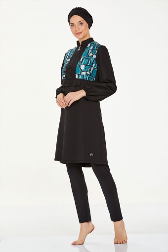 MARESIVA - Maresiva Kadın Martina Tam Kapalı Tesettür Mayo Ön Yarım Fermuarlı Üst Paraşüt Alt Likralı - Siyah