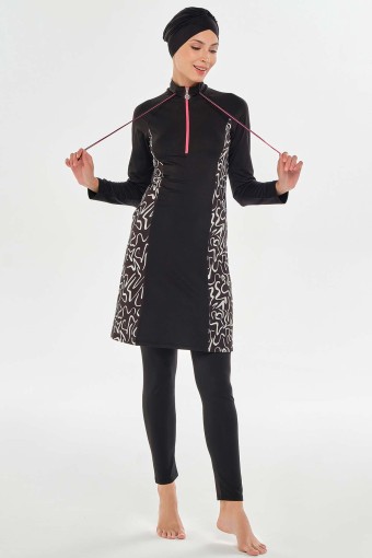 MARESIVA - Maresiva Kadın Nature Likralı Tam Kapalı Tesettür Mayo Dijital Paskı Desen - Siyah