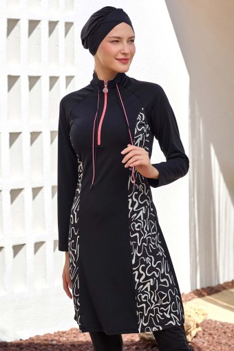 MARESIVA - Maresiva Kadın Nature Likralı Tam Kapalı Tesettür Mayo Dijital Paskı Desen - Siyah (1)