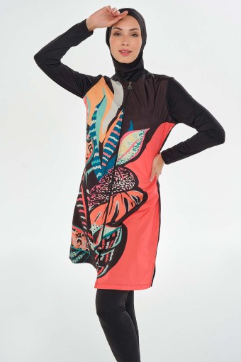 MARESIVA - Maresiva Kadın Nina Tam Kapalı 3'lü Tesettür Mayo Dijital Yaprak Desenli Fermuarlı - Siyah