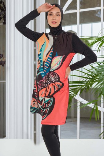 MARESIVA - Maresiva Kadın Nina Tam Kapalı 3'lü Tesettür Mayo Dijital Yaprak Desenli Fermuarlı - Siyah (1)