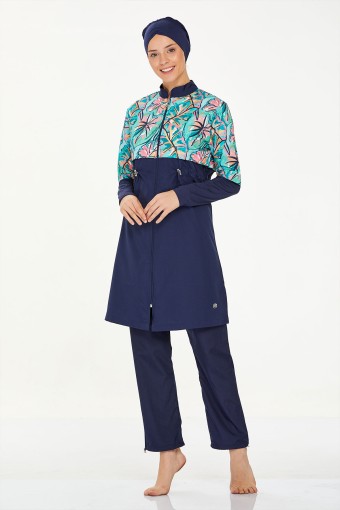 MARESIVA - Maresiva Kadın Raven Tam Kapalı Tesettür Mayo Ön Fermuarlı Paraşüt Kumaş - Koyu Lacivert