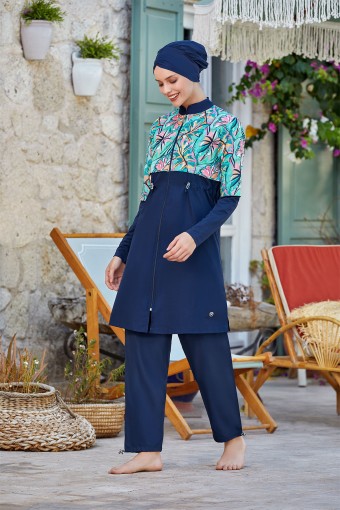 MARESIVA - Maresiva Kadın Raven Tam Kapalı Tesettür Mayo Ön Fermuarlı Paraşüt Kumaş - Koyu Lacivert (1)