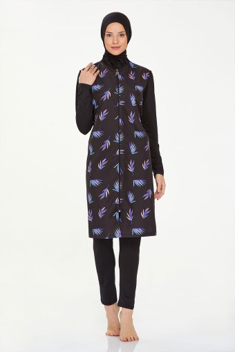 MARESIVA - Maresiva Kadın Sayra Tam Kapalı Tesettür Mayo Ön Fermuarlı Alt Likralı Üst Paraşüt - Siyah