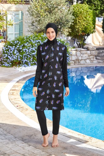 MARESIVA - Maresiva Kadın Sayra Tam Kapalı Tesettür Mayo Ön Fermuarlı Alt Likralı Üst Paraşüt - Siyah (1)