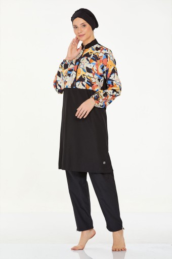 MARESIVA - Maresiva Kadın Suzette Tam Kapalı Tesettür Mayo Ön Yarım Fermuarlı Paraşüt Kumaş - Siyah