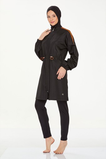 MARESIVA - Maresiva Kadın Teressa Tam Kapalı Tesettür Mayo Ön Fermuarlı Belde Lastikli Üst Paraşüt Alt Likralı - Siyah