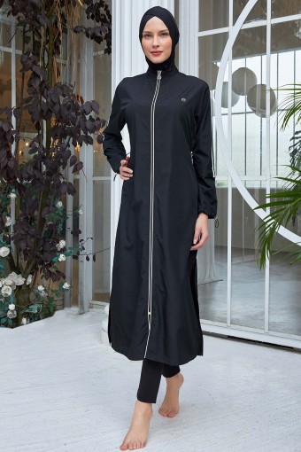 MARESIVA - Maresiva Kadın Uzun Kollu Tesettür Mayo Fermuar Detaylı - Siyah (1)