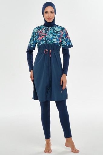 MARESIVA - Maresiva Kadın Vela Tam Kapalı 3'lü Tesettür Mayo Dijital Desenli Fermuarlı - Açık Lacivert
