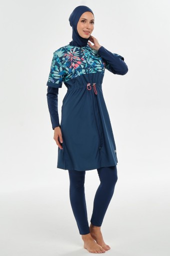 MARESIVA - Maresiva Kadın Vela Tam Kapalı 3'lü Tesettür Mayo Dijital Desenli Fermuarlı - Açık Lacivert (1)