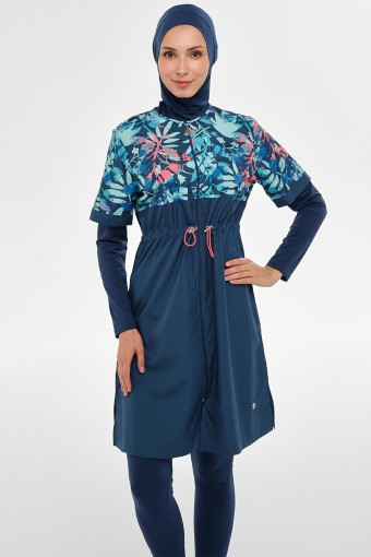 MARESIVA - Maresiva Kadın Vela Tam Kapalı 3'lü Tesettür Mayo Dijital Desenli Fermuarlı - Açık Lacivert (1)