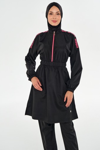 MARESIVA - Maresiva Kadın Zion Tam Kapalı Tesettür Mayo Fashıon Yazı Baskılı Fermuarlı - Siyah
