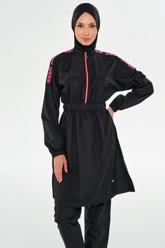 MARESIVA - Maresiva Kadın Zion Tam Kapalı Tesettür Mayo Fashıon Yazı Baskılı Fermuarlı - Siyah (1)
