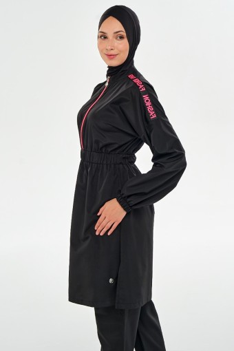 MARESIVA - Maresiva Kadın Zion Tam Kapalı Tesettür Mayo Fashıon Yazı Baskılı Fermuarlı - Siyah (1)