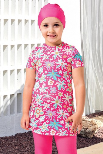 MARESIVA - Maresiva Kız Çocuk Bambı Yarı Kapalı Tesettür Mayo Çiçek Desenli - Pembe