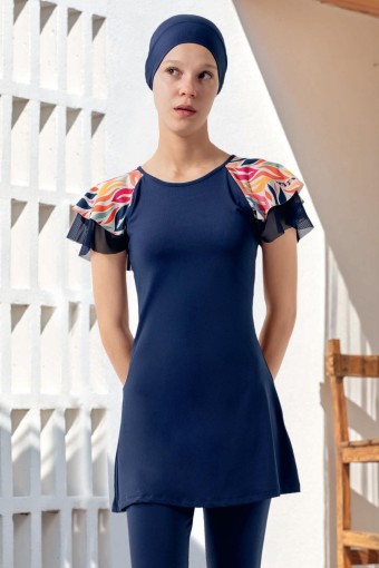 MARESIVA - Maresiva Kız Dora Garson Yarı Kapalı Tesettür Mayo Omuz Fırfır Detaylı - Koyu Lacivert