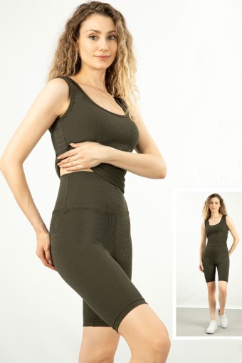 MEG STYLE - Meg Fitilli Bisiklet Şort - Haki Yeşili