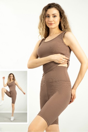 MEG STYLE - Meg Fitilli Bisiklet Şort - Vizon