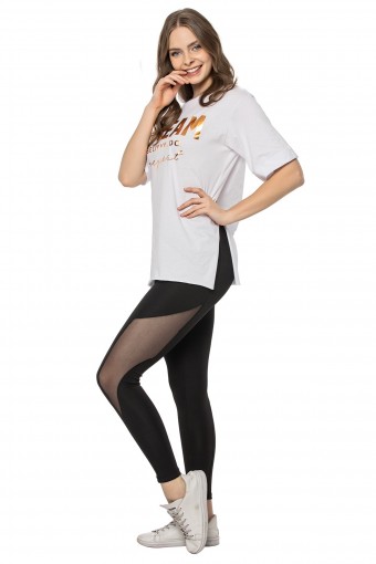 MEG STYLE - Meg Kadın Dalgıç Tayt Yandan Tüllü - Siyah