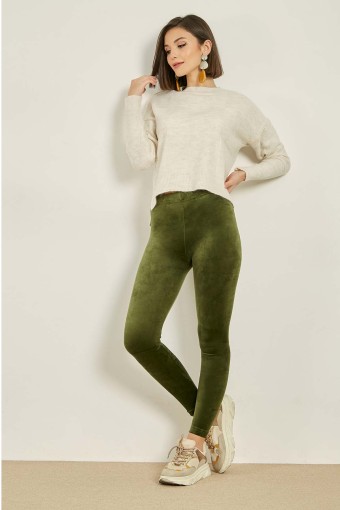 MEG STYLE - Meg Kadın Tayt Yüksek Bel Fransız Kadife - Haki Yeşili