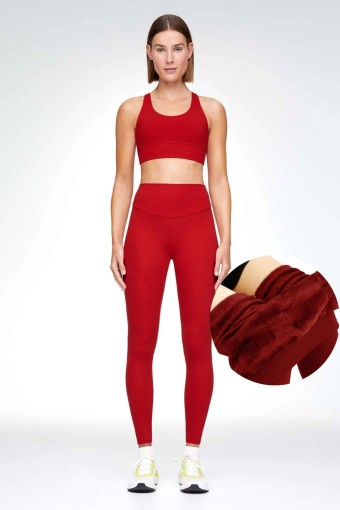 MEG STYLE - Meg Kadın Yüksek Bel Peluş Tayt - Kırmızı