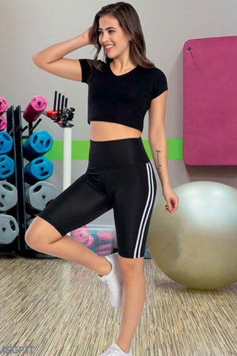 MEG STYLE - Meg Style Dalgıç Şeritli Şort Şeritli - Siyah/Beyaz