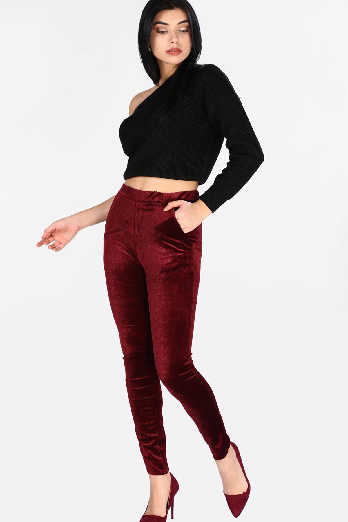 Meg Style Kadın Tek Alt Pantolon Kadife - Mor - Thumbnail