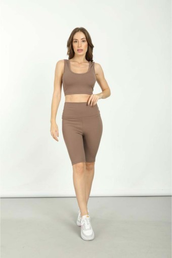 MEG STYLE - Meg Tayt Fitilli Crop Sporcu Atlet - Vizon