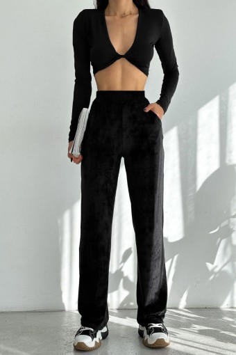 MEG STYLE - Megfit Kadın Tek Alt Pantalon Kadife Yüksek Bel Geniş Paça - Siyah