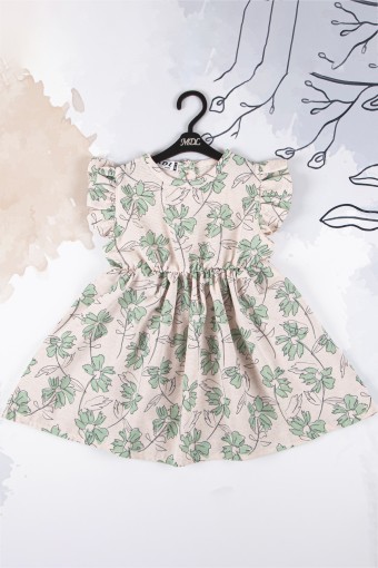 MİDİLLİ - Midilli Kız Bebek Çiçek Desenli Lastikli Elbise - Yeşil