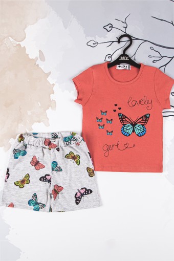 MİDİLLİ - Midilli Kız Bebek Kelebek Desenli Şortlu Takım - Gülkurusu