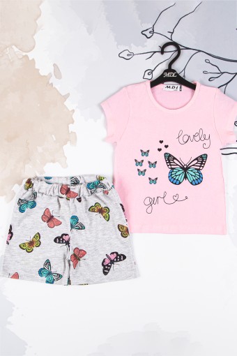 MİDİLLİ - Midilli Kız Bebek Kelebek Desenli Şortlu Takım - Pembe