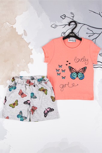 MİDİLLİ - Midilli Kız Bebek Kelebek Desenli Şortlu Takım - Somon