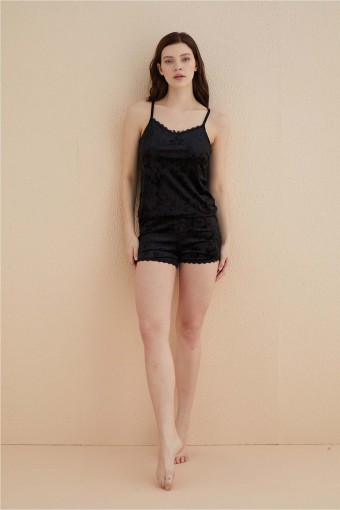 MİHRA - Mihra Kadın Şortlu Takım Kadife İp Askılı Yakası Ve Paçası Dantelli - Siyah