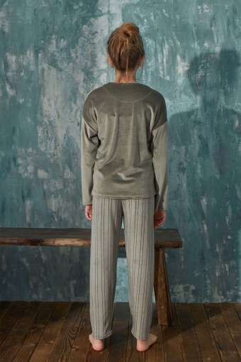 MİHRA - Mihra Kids Kız Çocuk Kadife Bisiklet Yaka Pijama Takımı Uzun Kollu - Yeşil (1)